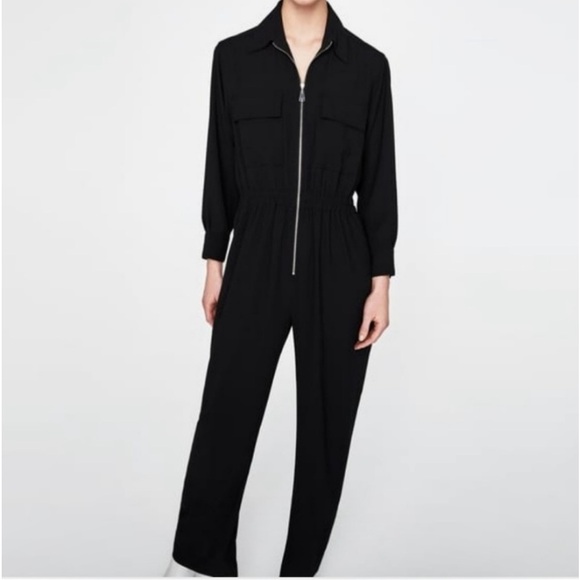 Zara Pants - Zara Woman Black Long Sleeve Front Zip Jumpsuit Pants Wide Leg Gathered Waist M